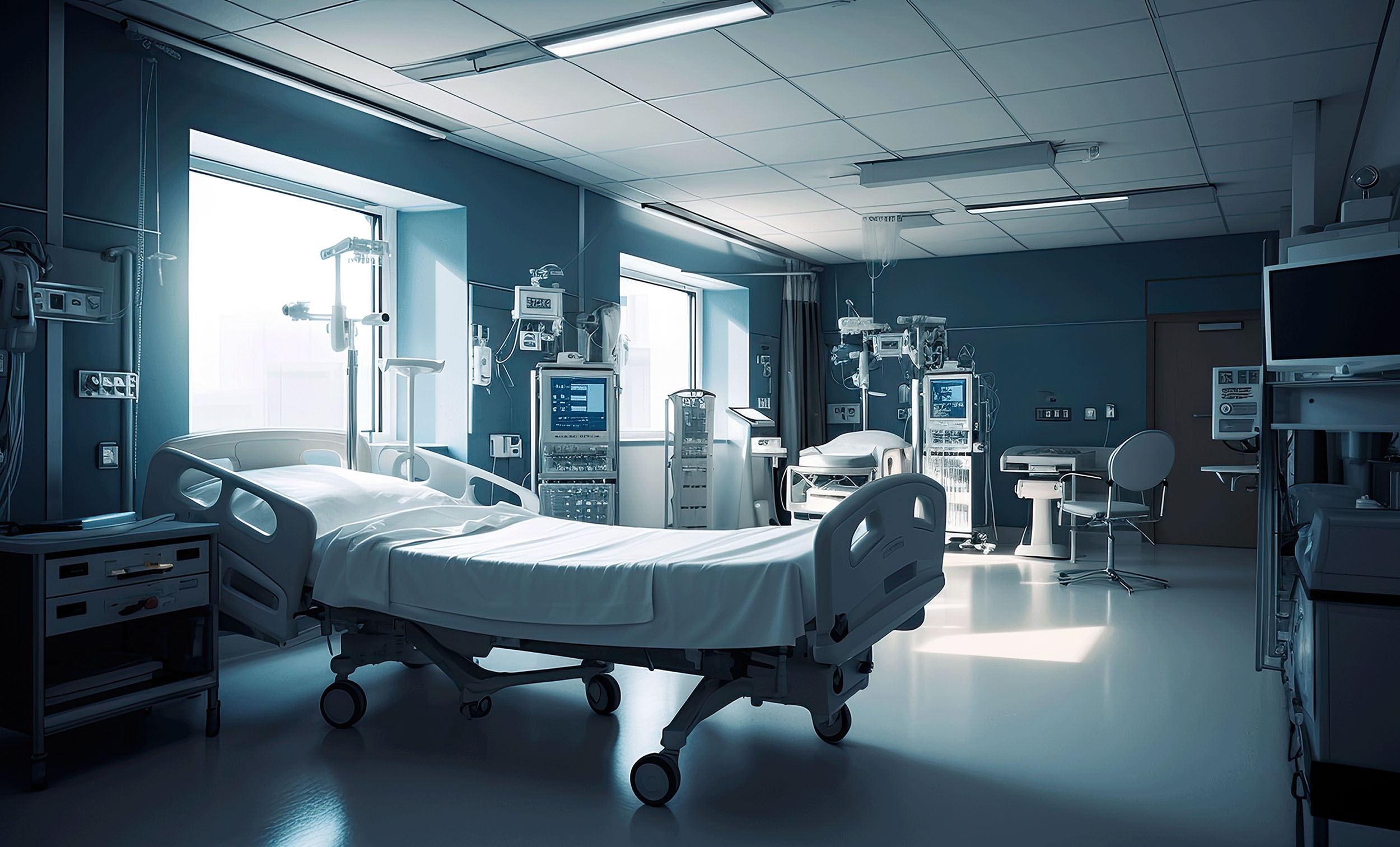 Modern hospital intensive care unit with advanced medical equipment and empty patient beds, illustrating the importance of critical illness insurance coverage.